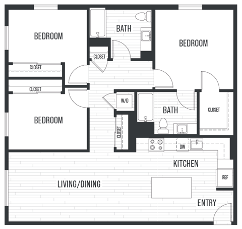 Floor plan 3D. Three bedroom, two bath at Sixth & Jackson Apartments in Japantown, San Jose.